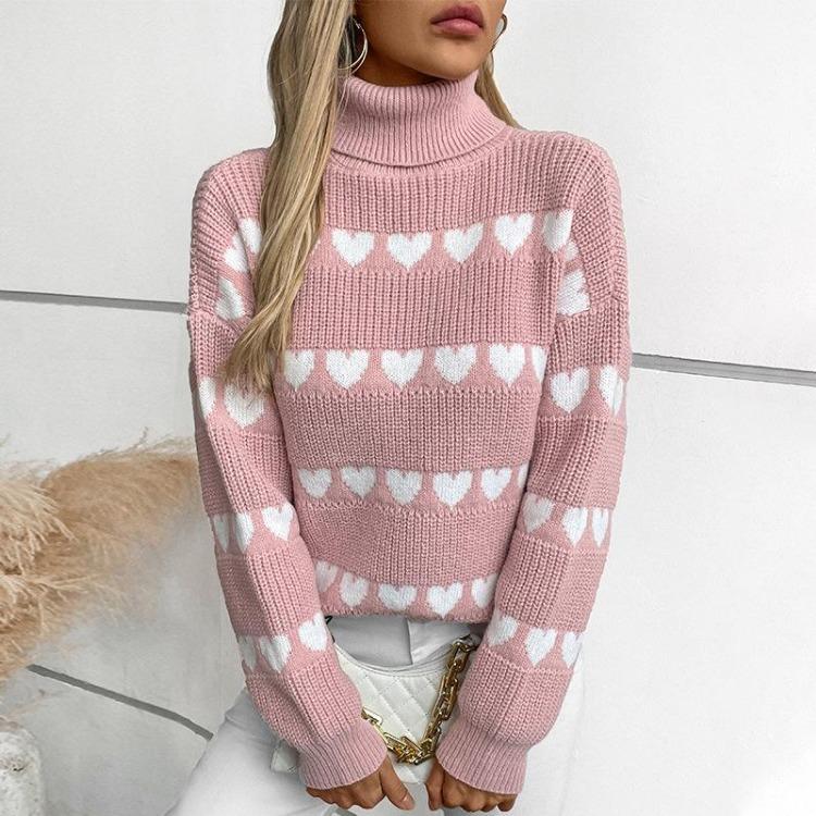 Vintage Heart Print Loose Knitwear Cardigan Stand Collar Sweater Long Sleeve Top for Autumn Winter