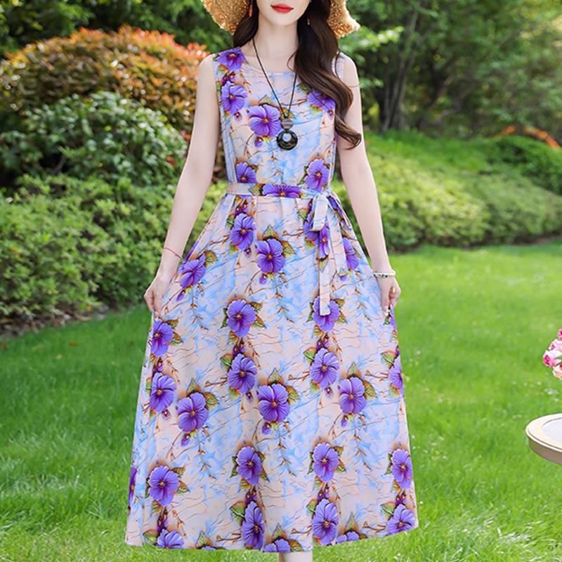 Повседневные летние платья для женщин, винтажная одежда, свободное без рукавов, большие размеры, элегантное длинное платье с поясом
