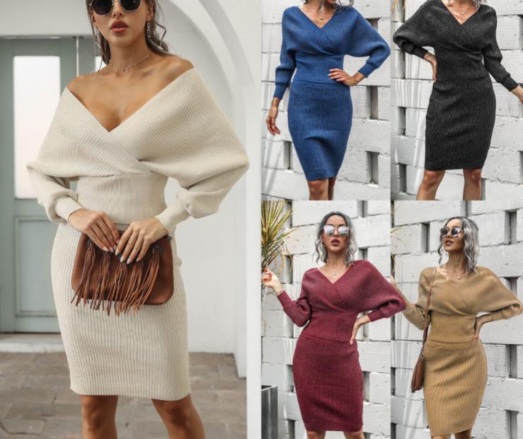 Женский вязаный топ с открытыми плечами и рукавами «летучая мышь» и облегающее шерстяное платье без спины, комплект 2023