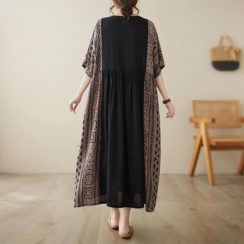 Летнее художественное ретро свободное утягивающее этническое платье с круглым вырезом и короткими рукавами контрастное платье для женщин повседневные платья