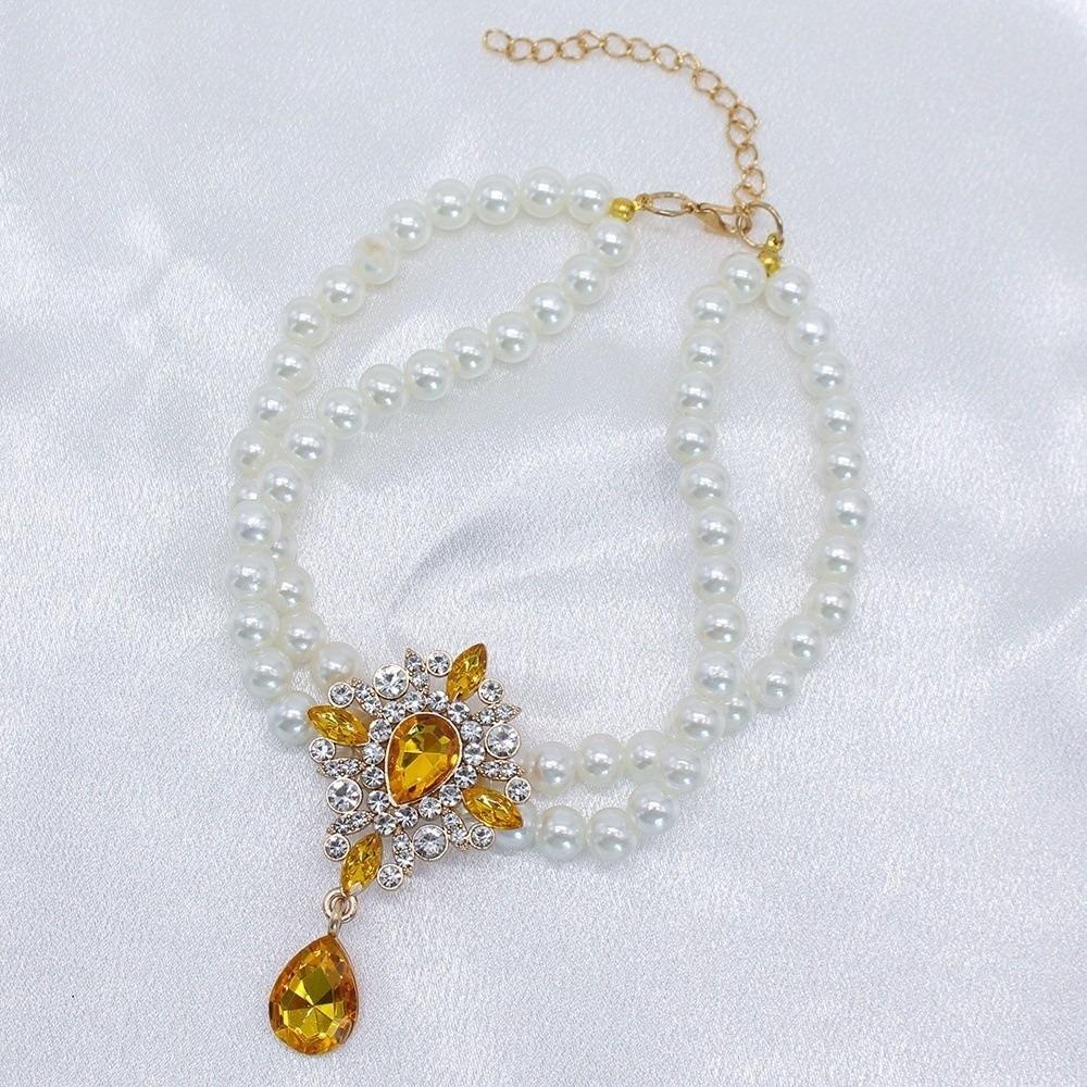 Cute Double Layer Pet Pearl Necklace Vintage Adjustable Cat Neck Chain Glamorous Crystal Cat Pearl Collar Pet Show