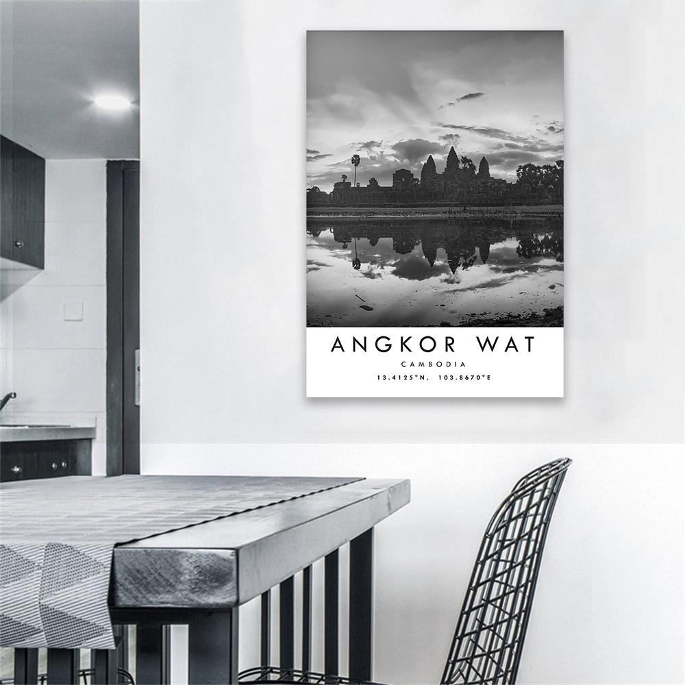 Angkor Wat Travel Print Cambodia Poster Black and White Print Coordinates Minimalist Home Decor City Landmark Prints