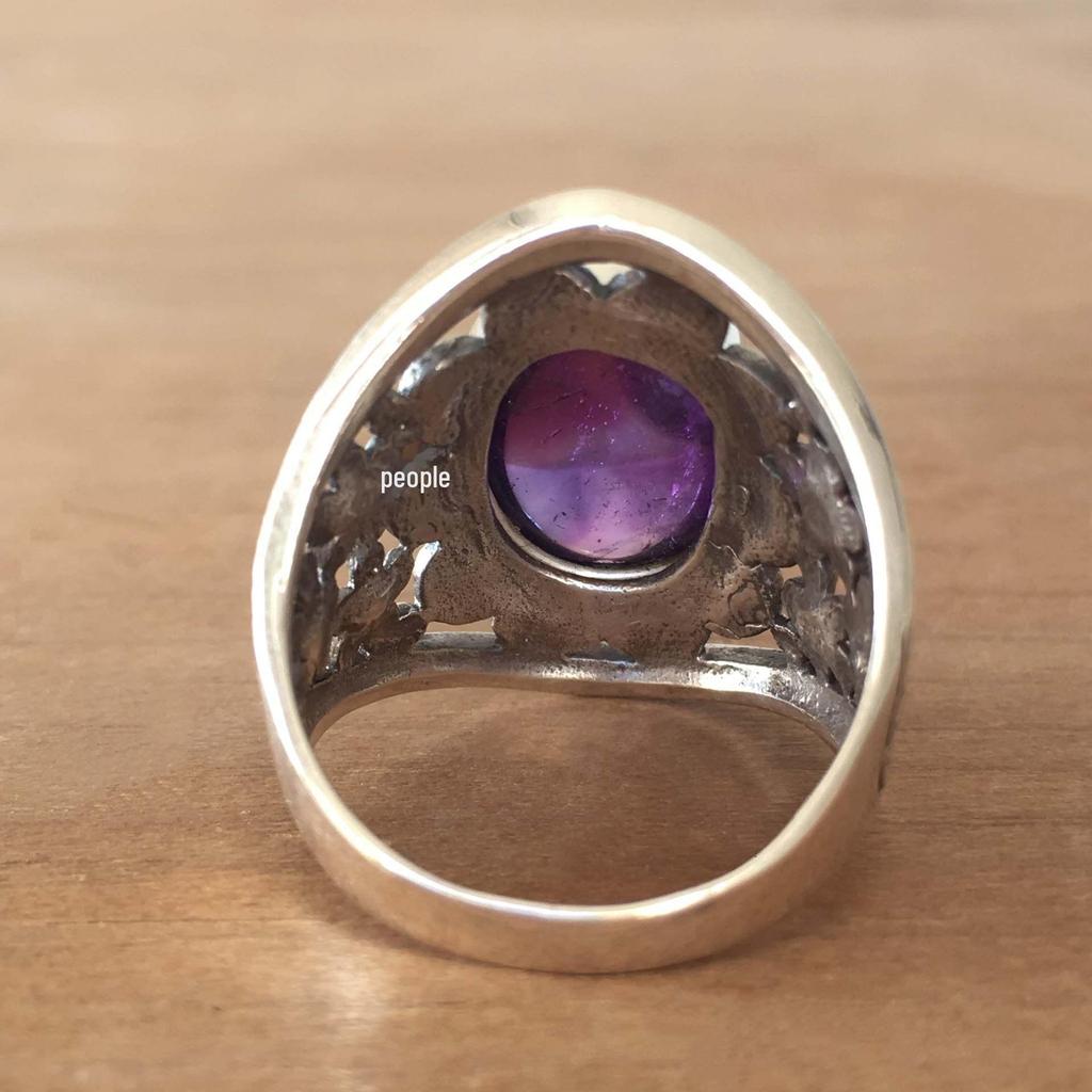 Amethyst and Silver Inlaid Nepalese Vintage Unisex Ring