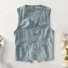 British Style Men Waistcoat V-neck Collarless Striped Print with Vest Coat Sleeveless Pockets Single Breasted Vest