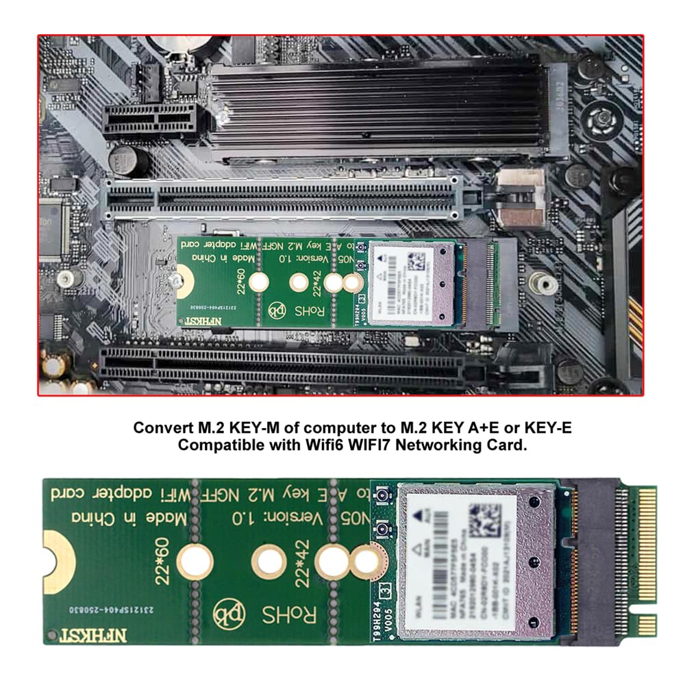 NFHK WiFi Riser Card NGFF Key-E Wireless Networking Card to M.2 NGFF Key-M NVME SSD Adapter Compatible with Wifi6 WIFI7
