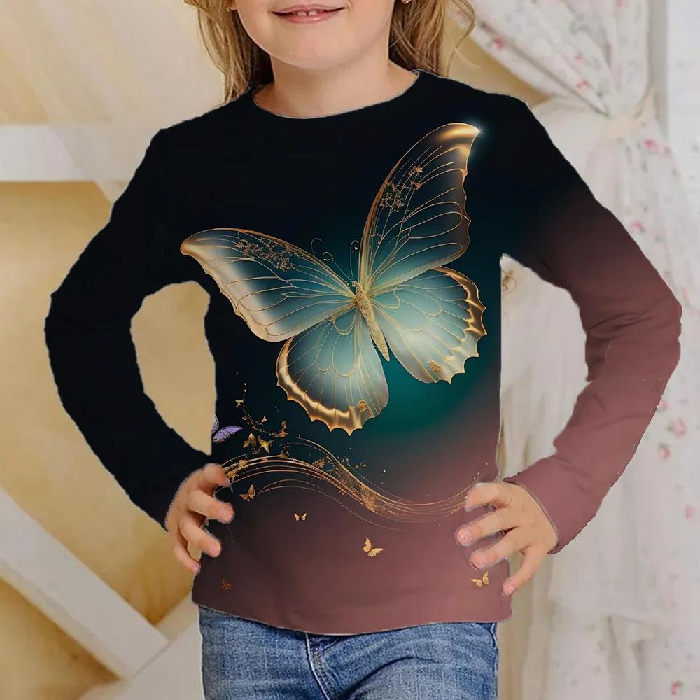 Children's Colorful Butterfly 3D Digital Printed Girl's Casual and Comfortable Round Neck Long Sleeve T-shirt