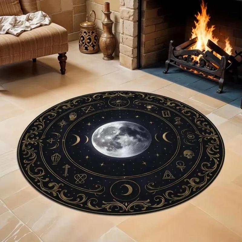 Celestial Rug Deep Blue  Gold Moon and Stars Round Rug, Washable Cosmic Carpet Office Garden Patio Indoor Yoga Mat for Reading