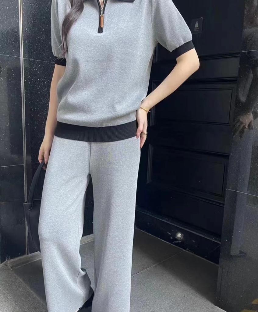 Lapel short-sleeved women's 1116 new summer foreign style age reduction versatile loose and thin POLO knitted two-piece set