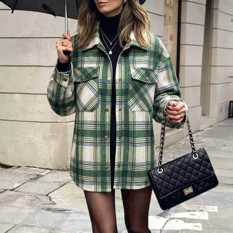 Womens Oversized Plaid Shirt Jacket With Lapel Collar Casual Coat