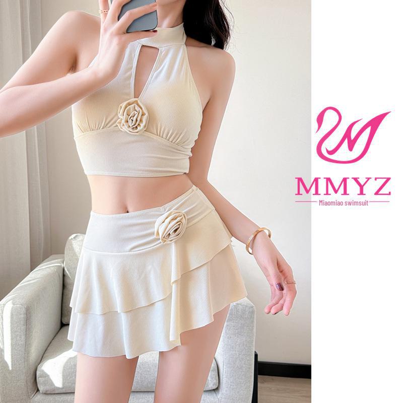 Solid Color Skirted Swimsuit: Split Design, Tummy-Covering, Fairy Style, Slimming, Conservative, Fresh Look for Women