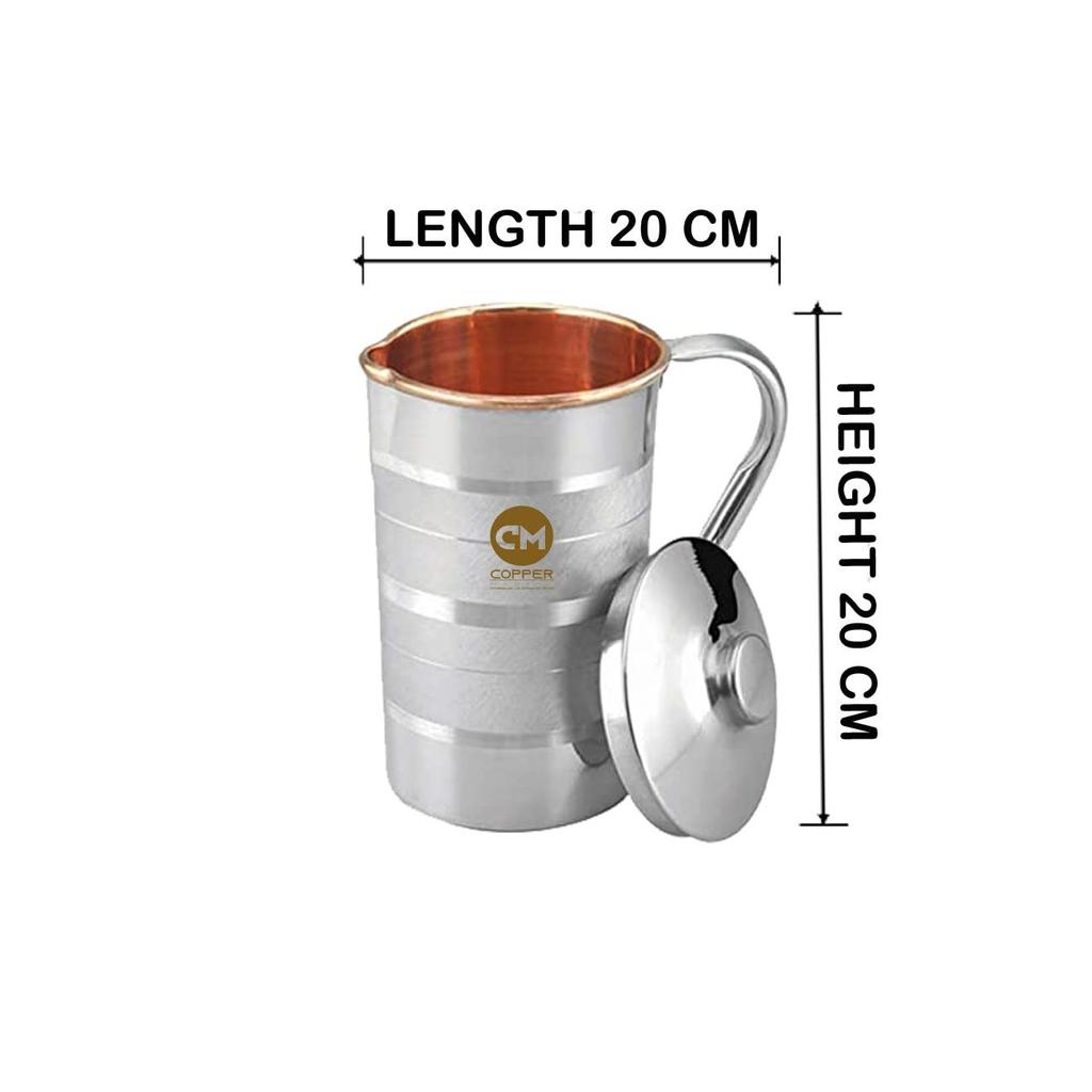 Handmade 1.6 Litre Pure Copper Steel JUG with 4 Copper Steel Glasses (300ml Each) Leak Proof