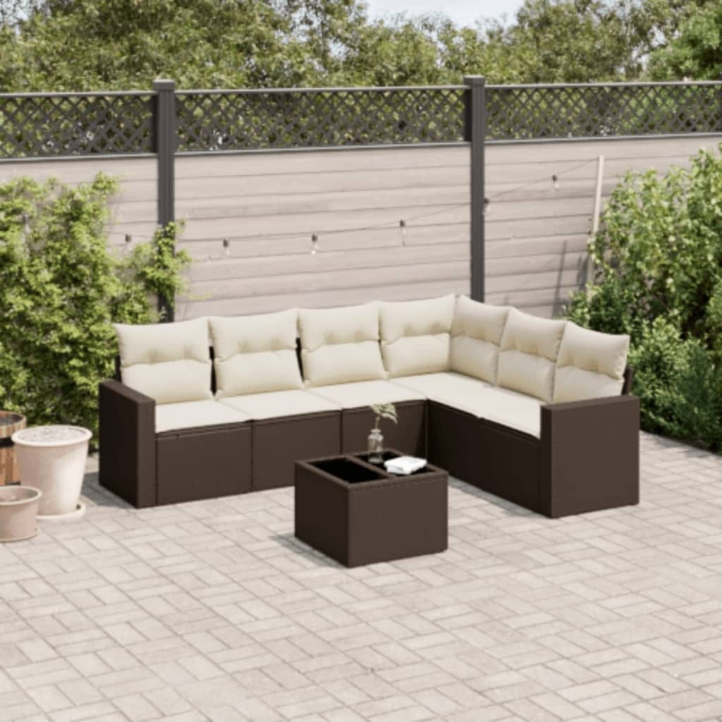 7 Piece Garden Sofa Set with Cushions Brown Poly Rattan