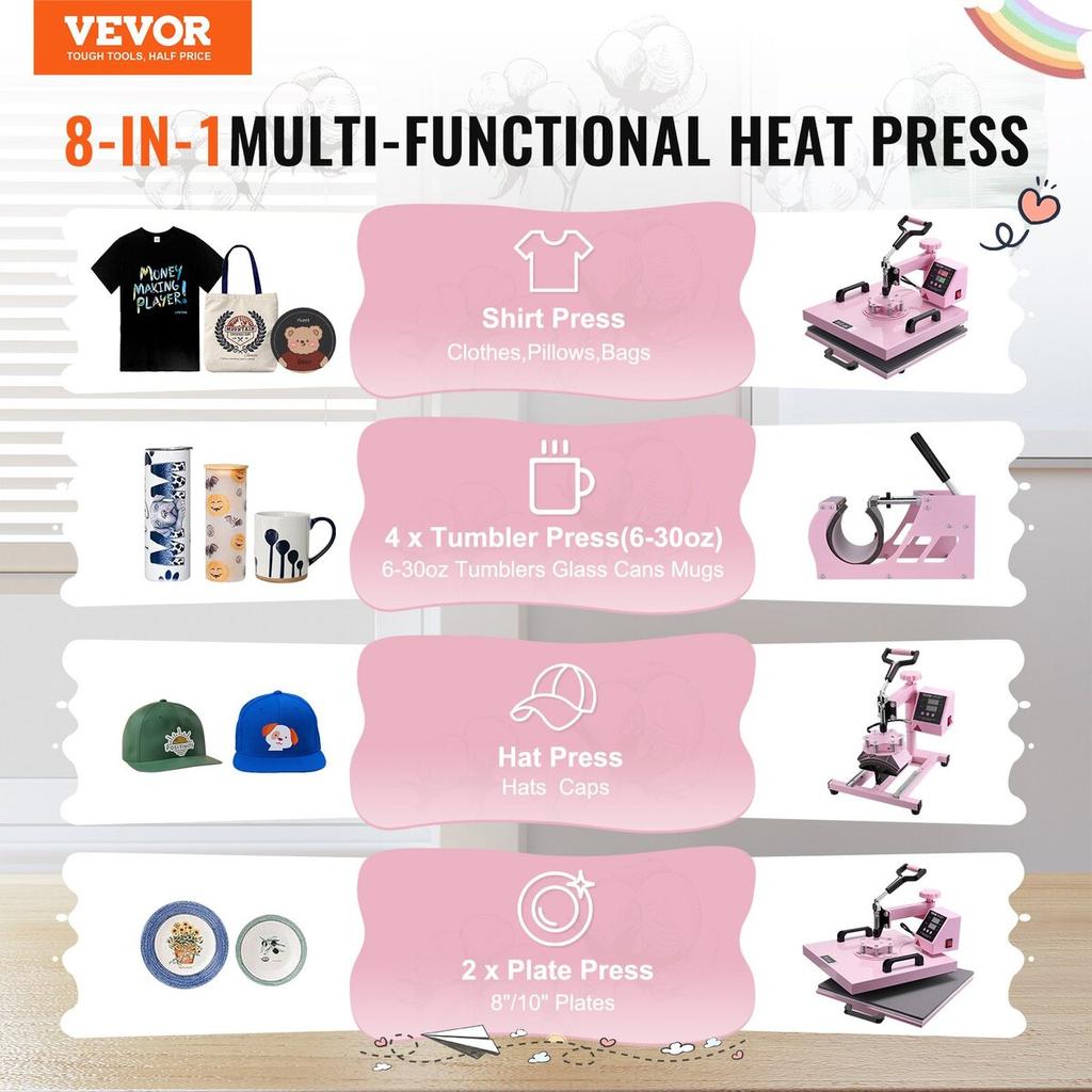 Heat Press Machine 15x15 in 8 in 1 with 30oz Tumbler Press T-Shirts Pink