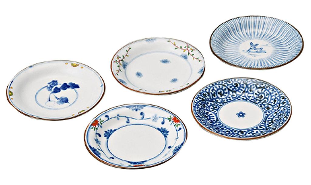 Nishikai Toki Hasami Ware Small Plates, Dyed Nishiki-e Design, Gift Boxed, 12 cm Diameter, Set of 5, 31987