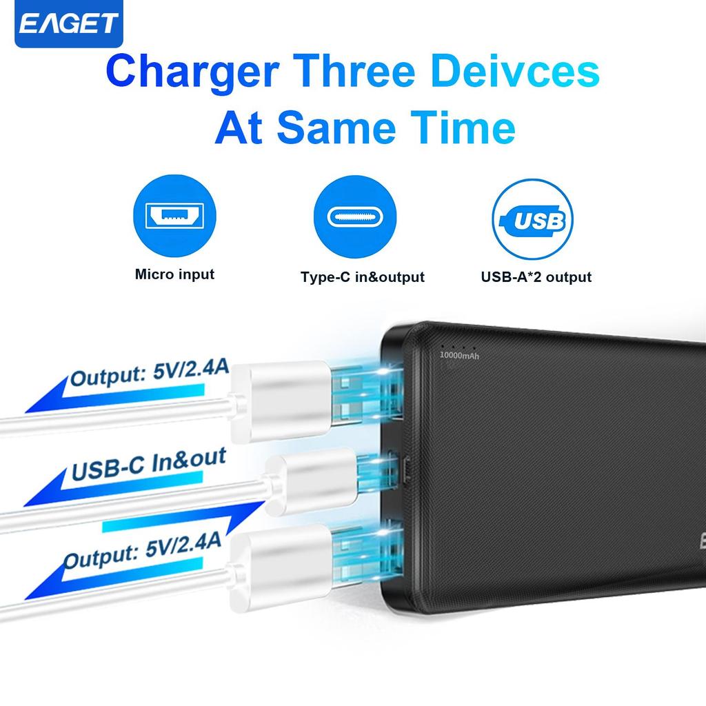EAGET Портативное зарядное устройство Power Bank емкостью 10000 мАч для быстрой зарядки мобильных устройств с технологией зарядки PowerIQ и USB-C для iPhone 15 и Android