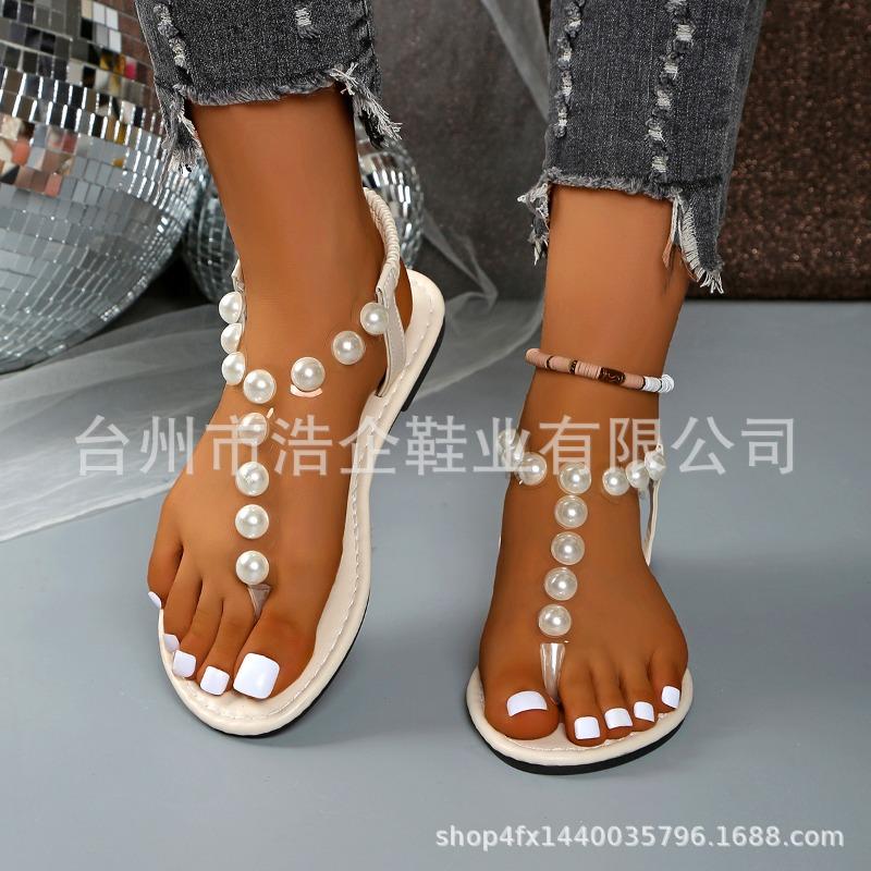 High Quality Jasmine Summer New Women, Sandals Pearl Buckle Heel Large Size Flip-flops Cool
