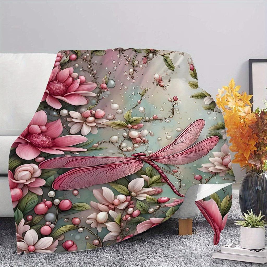 A Comfortable Flannel Blanket with Colorful Dragonfly Design, Soft and Cozy for Sofa, Bed, Office, or Travel - All-Season Multifunctional Gi