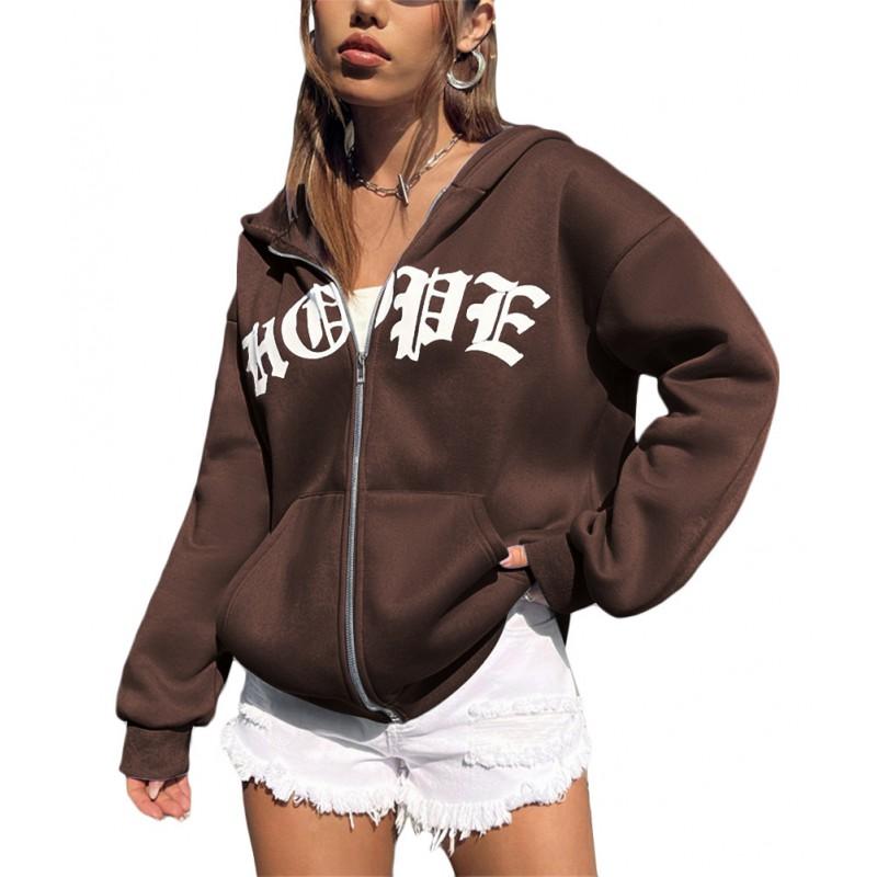 Unisex Oversized Zip-Up Hoodie With Letter Print Cotton Blend Warm Casual Sweatshirt