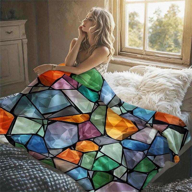 Low Poly Stained Glass Flannel Blanket Perfect for Sofa Office Bed Travel Sleep Read Relax Camping Four Season Use