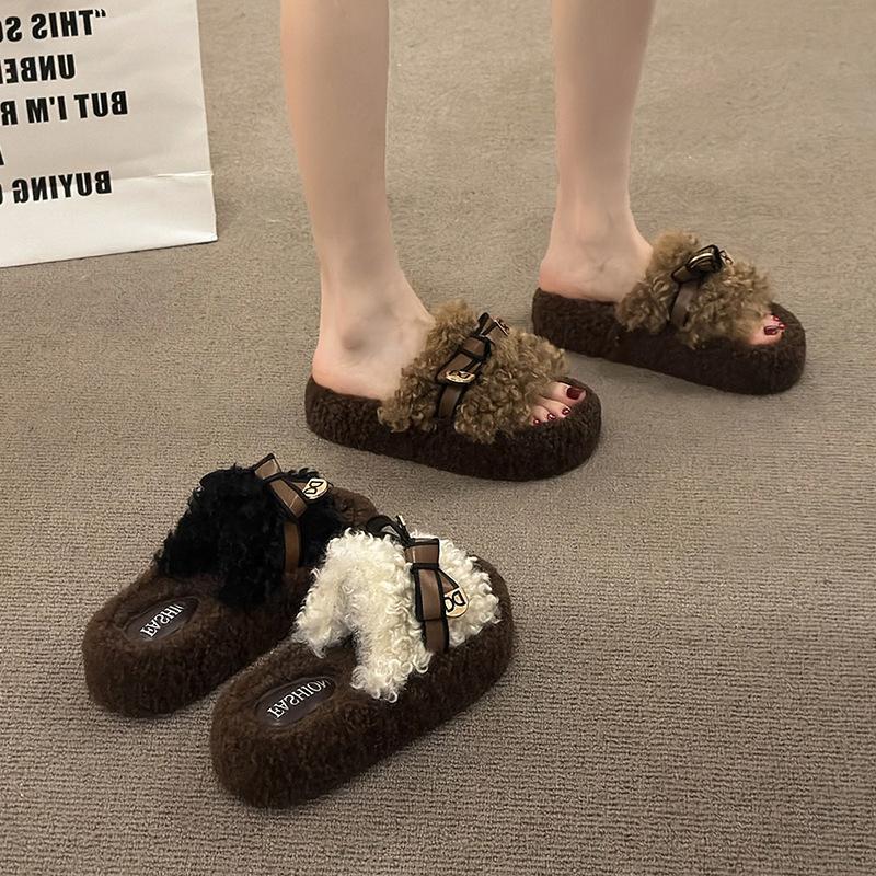 Модные короткие плюшевые хлопковые швабры 2025 осень новые универсальные повседневные пушистые тапочки женская уличная обувь маффин толстая подошва швабра на перемычке