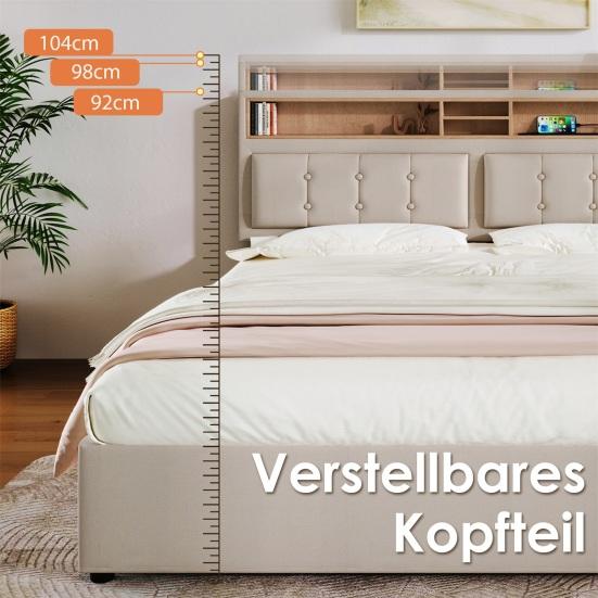 Storage Bed Double with 4 Drawers & Usb C Socket Upholstered 160x200cm Height Adjustable Headboard Slatted Frame Made of Wood (without Mattress)