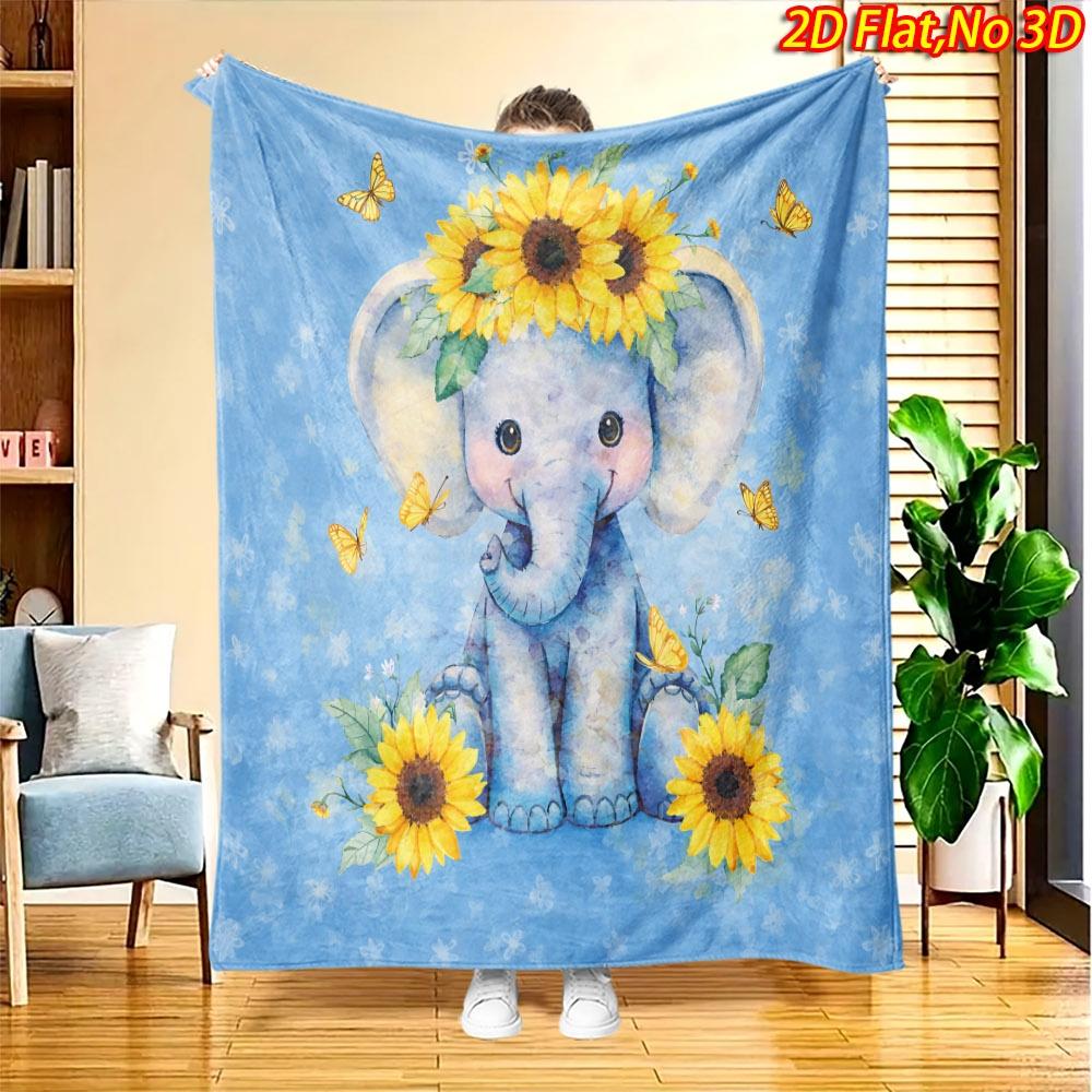 1pc 2D Flat Printing Spring And Summer New Arrival Cute Blue Elephant And Sunflower Butterfly Theme Digital Print Blanket, All-Season Use, Casual Thro