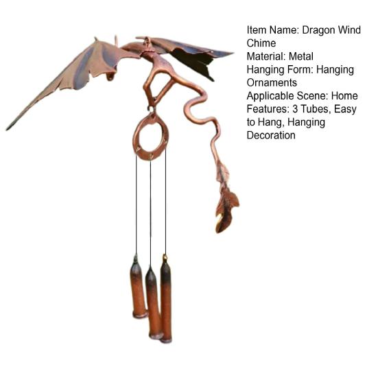Металлический колокольчик с изображением летящего дракона с 3 трубками, натуральная успокаивающая мелодия для сада, патио, уличного винтажного подвесного колокольчика с драконом, украшение