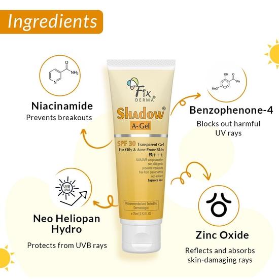 FIXDERMA Shadow Солнцезащитный гель SPF 50+ PA+++| Солнцезащитный крем широкого спектра действия для UVA , (Солнцезащитный гель Shadow A-Gel Spf 30, 75 г (Пакет из 1)), Все