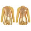 Детское цельное танцевальное трико для девочек со сверкающими металлическими блестками и длинными рукавами, гимнастическое боди
