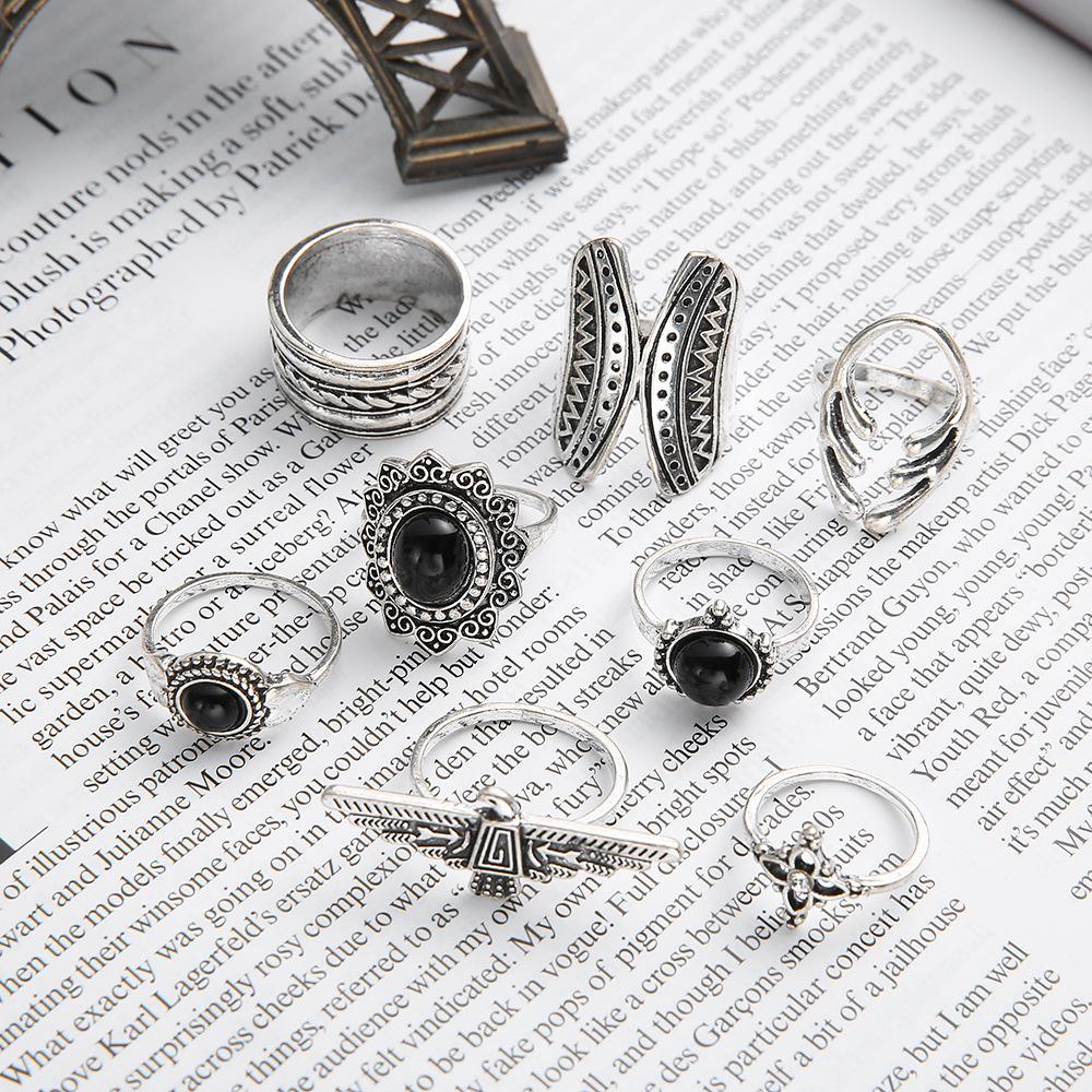 Новое кольцо, трендовое индивидуальное кольцо с черным драгоценным камнем, бабочкой, орлиным рогом и цветком, 8 комплектов