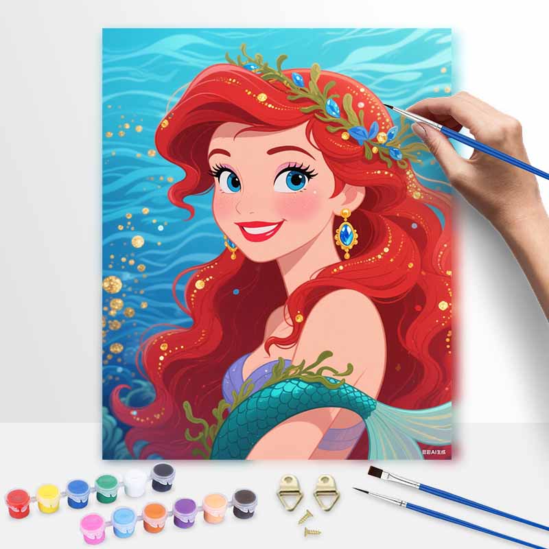 Disney digital oil painting art painting mermaid red hair ocean fantasy handmade diy home decorations