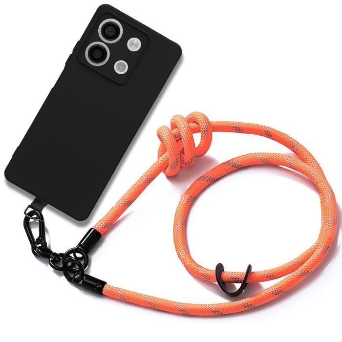 Coque pour Xiaomi Redmi Note 13 5G (pas pour 4G) en Silicone Noir avec Bandoulière Amovible Orange