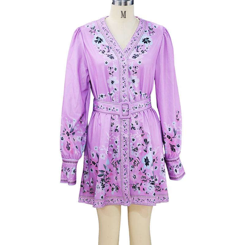 2025 Autumn New Style, Women's Wear, Long Sleeve, V-neck, Loose, Printed, Bohemian, Dress, Retro Flower Pattern