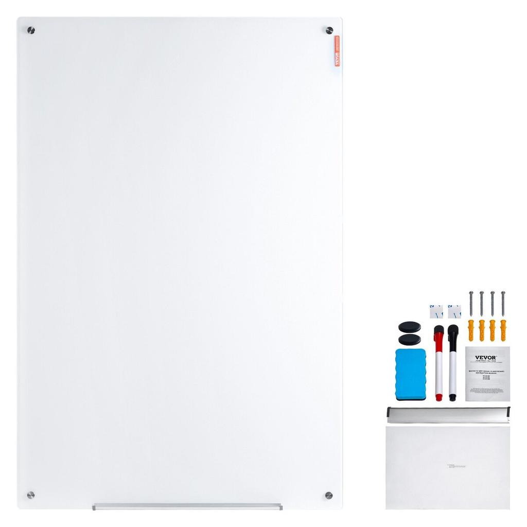 Magnetic Glass Whiteboard, Dry Erase Board 900 x 600 mm, Wall-Mounted Large White Glassboard Frameless, with Marker Tray, an Eraser and 2 Markers,