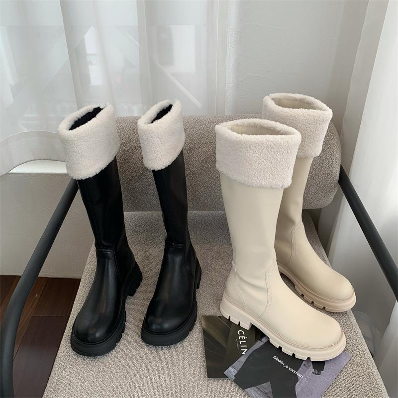 Длинные сапоги-рыцари на толстой подошве, женские высокие сапоги 2024 года, осенне-зимние новые сапоги из плюша и хлопка, зимние сапоги