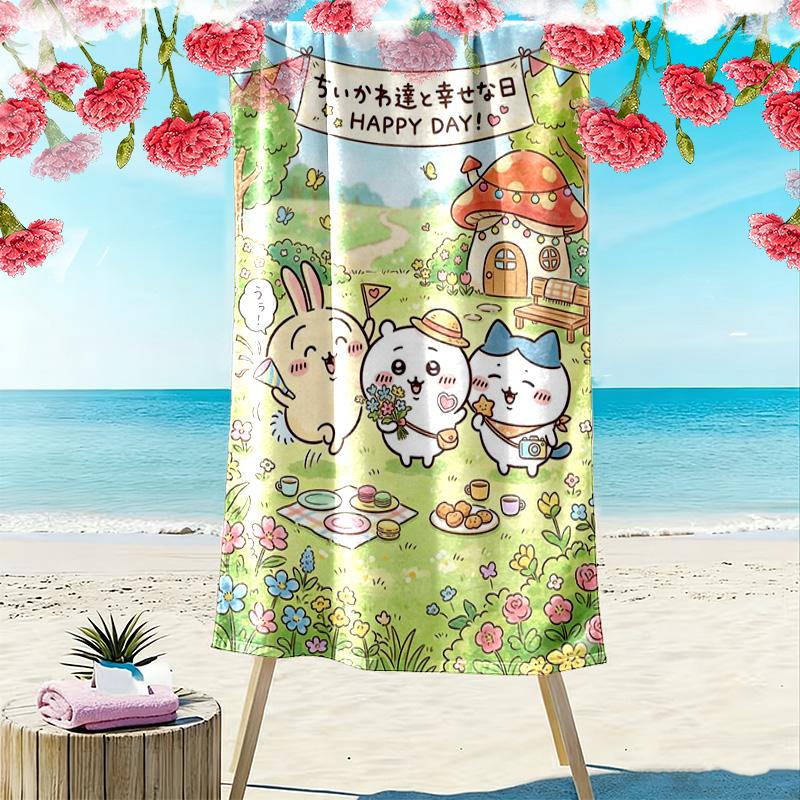 Anime Chiikawa Print Beach Towel, Large Soft Quick Dry Towel for Beach Camping Swimming