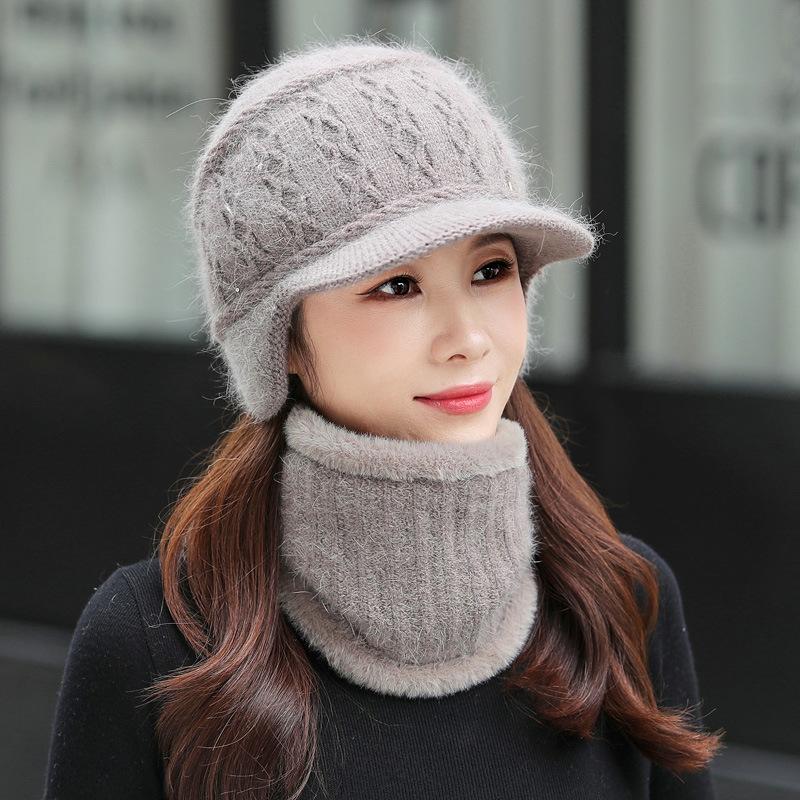 Популярная женская зимняя шапка, сохраняющая тепло, шапка с меховой подкладкой и комплект шарфа, теплые шапки для женщин, повседневная зимняя вязаная шапка с кроличьим мехом