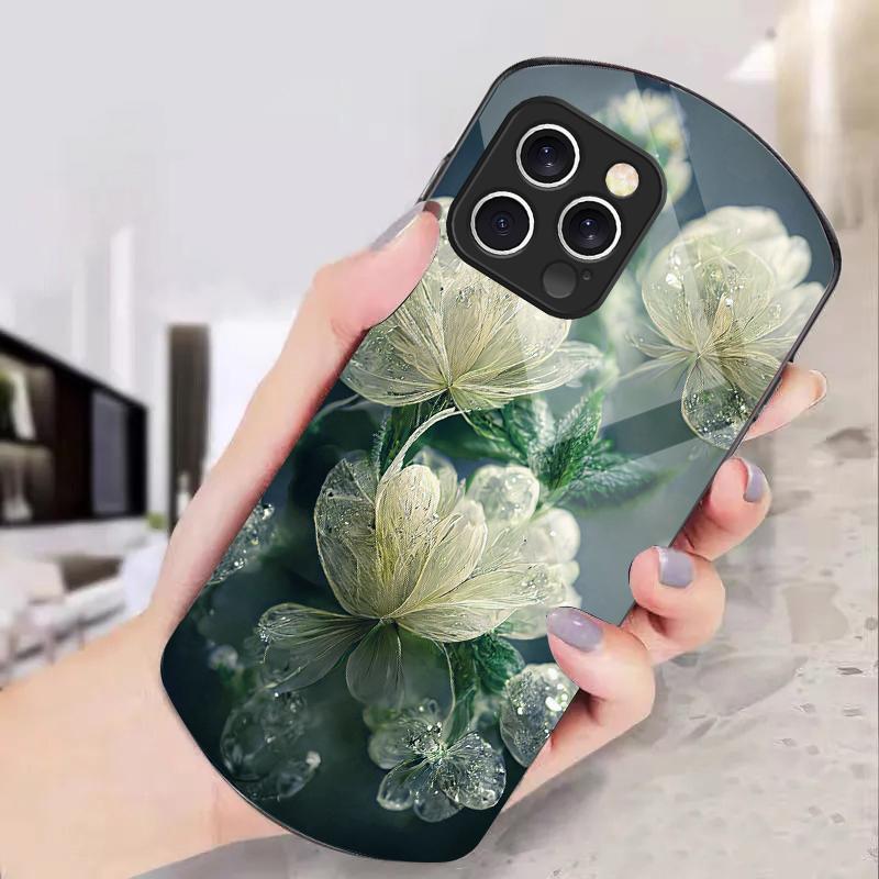 Розовый хрустальный цветок для iPhone 16 15 14 13 Plus 12 mini 11 Pro Max XR Xs X 7 8 6 6S 2022 Эллиптический закаленный стеклянный чехол для телефона