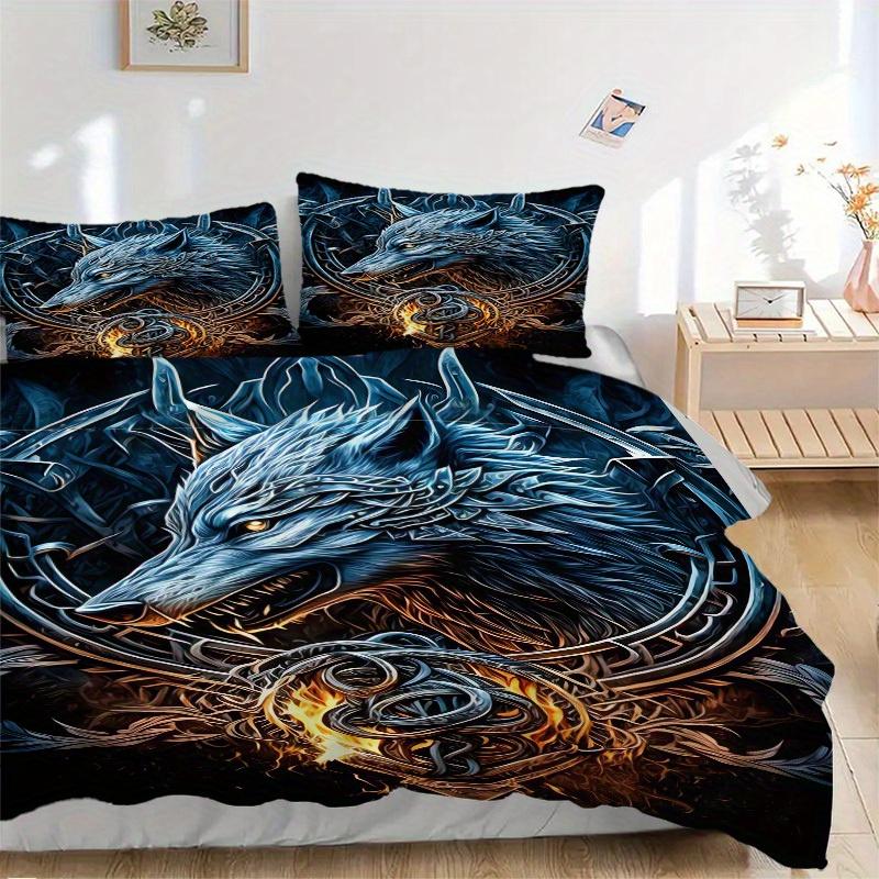 3pcs Wolf Flame Bedding Set Down Comforter Cover and Pillowcases, Suitable for All Seasons(No Insert)-0729070