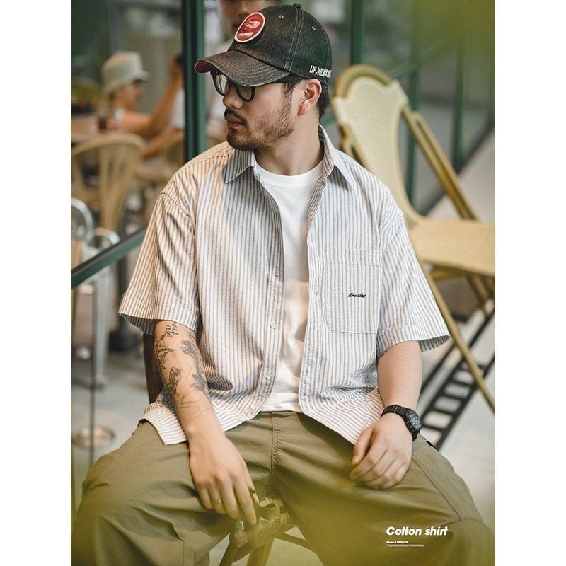 American Retro Style Pure Cotton Striped Short-Sleeve Shirt for Men, Summer Embroidered Jacket, Export Men's Clothing, All-Cotton Shirt