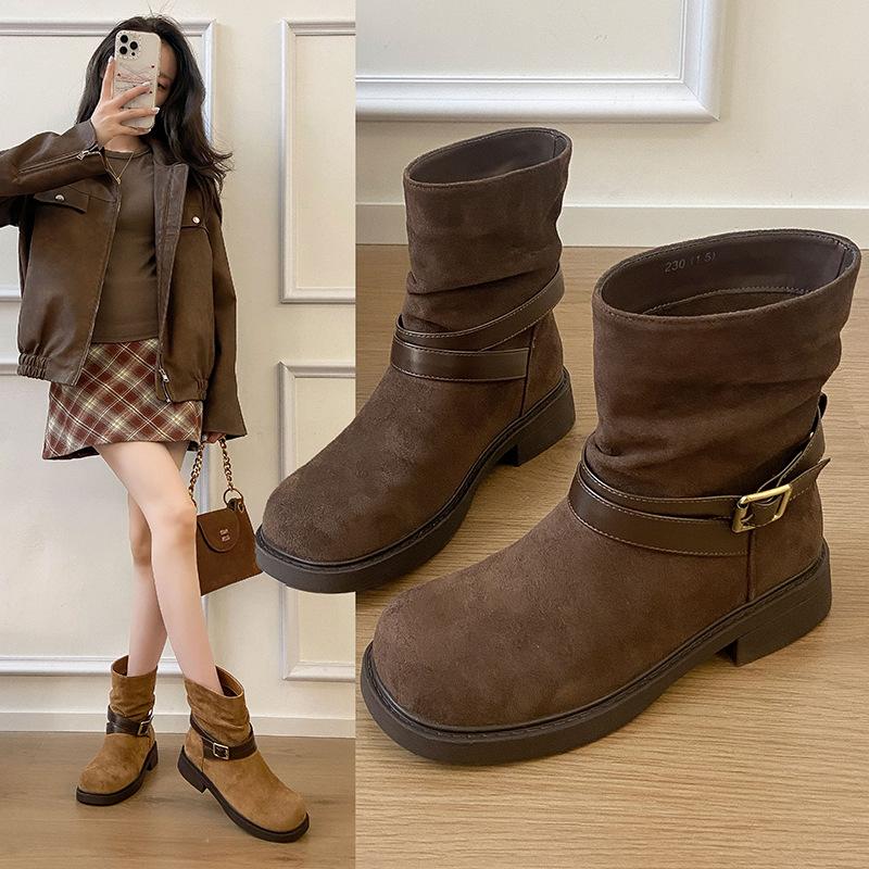 Korean version belt buckle short boots women's 2025 autumn new versatile flat bottom thin pile boots British style thin velvet boots women