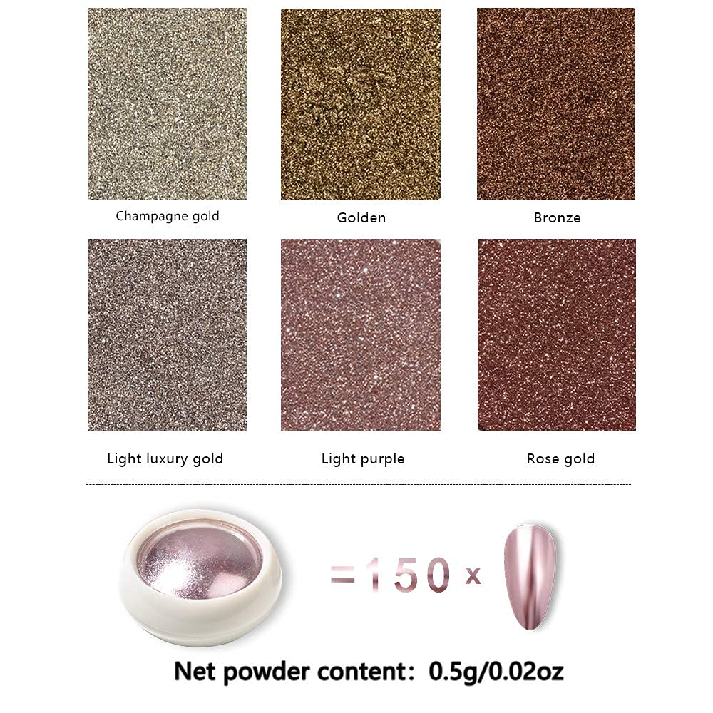 6 Colors Glitter Mirror Rose Gold Nail Polish Set, Long Lasting Shiny Manicure Kit