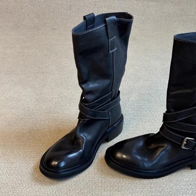 Издание из коровьей кожи~ Ретро пряжка ремня Полусапоги на толстой подошве Ковбойские сапоги в западном стиле Узкие короткие ботинки в стиле фри-стрит Женские сапоги-рыцари