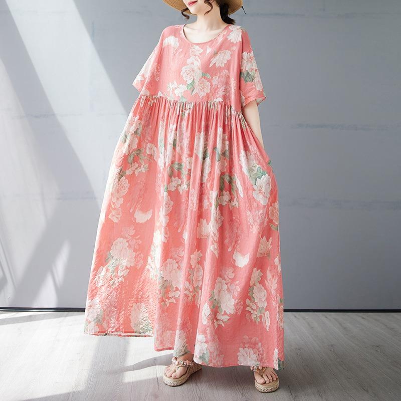Летнее новое простое богемное длинное платье, расширенное и увеличенное, с короткими рукавами и круглым вырезом, с принтом, женская одежда