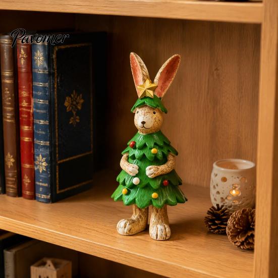 Desktop Rabbit Decorations Christmas Tree Figurine, Resin Bunny Statue in Outfit with Holiday Tabletop Star Top, Cute Decor for Home Bookshelf Mantel,