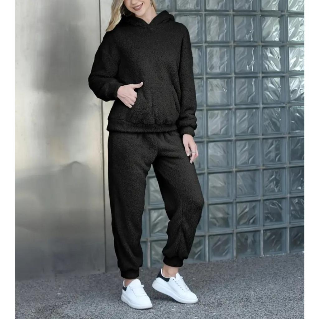 Осенне-зимняя однотонная женская одежда, худи с длинным рукавом, накладной карман, повседневные брюки, домашний комплект из двух предметов