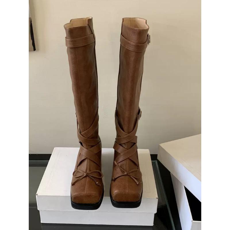 Сапоги до икры с квадратным носком на каблуке, балетки, сапоги-ботфорты до колена, женские сапоги в рыцарском стиле, кожаная версия, модные сапоги, резиновая подошва