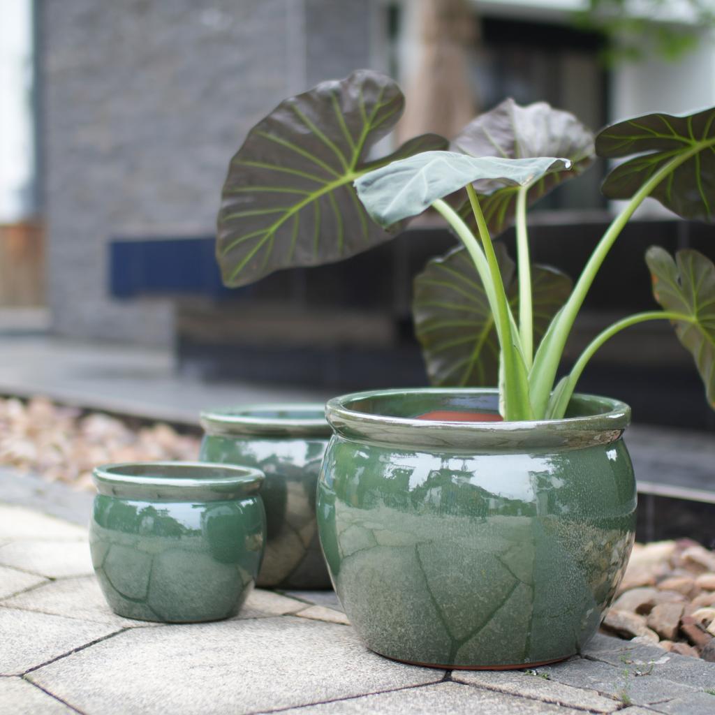 Handmade Ceramic Planter (diameter 37 cm), Glossy Antique Blue-Green with Speckled Glaze, Breathable, Frost-Resistant