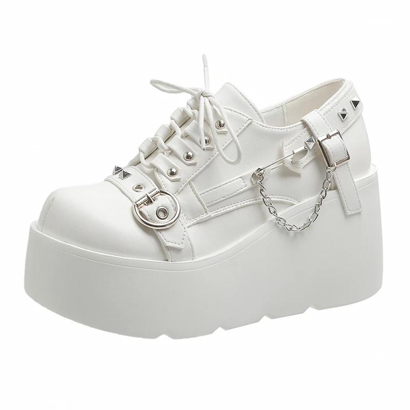 Модная Ретро Рок Обувь Ботинки Для Женщин Новая Темная Панк Кожаная Обувь Металлическая Нишевая Низкий Верх Обувь на Платформе Для Женщин 8,5 СМ Толстая Подошва