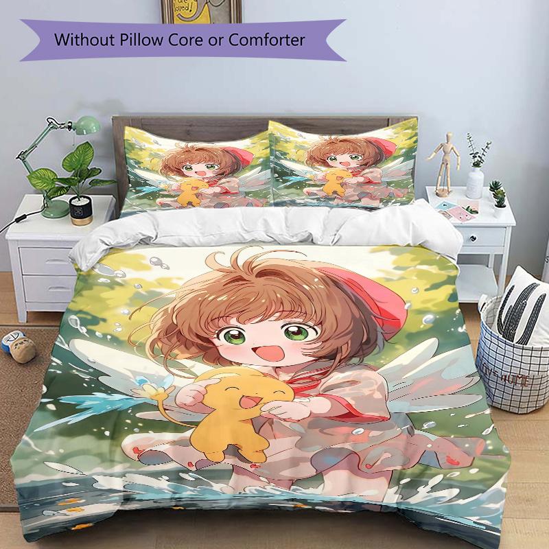 3pcs Anime Sakura and the Elf Printed Quilt Set - Soft and Comfortable Quilt Cover for Bedroom, Guest Room L003